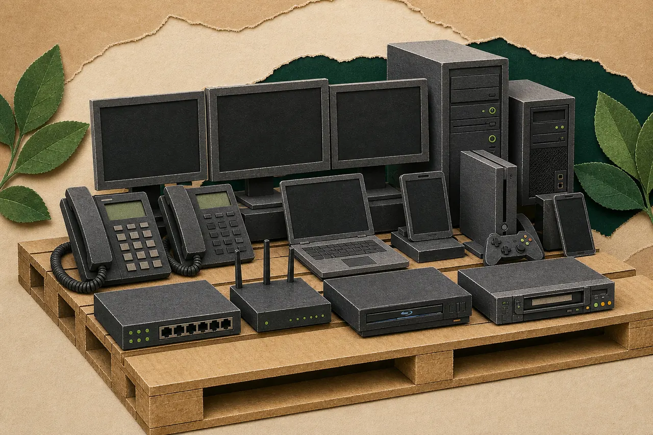 Papercraft pallet containing computers, smartphones, office phones, networking equipment, a games console, a Blu-ray player and a VHS player